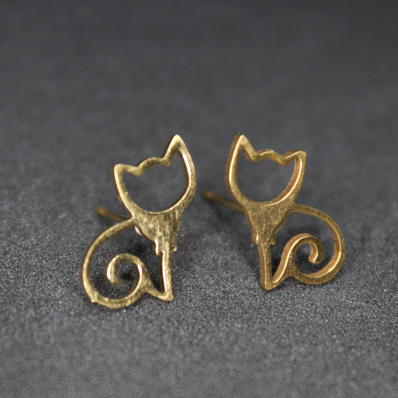 Goldtone Stylized Kitten Minimalist Earrings - Picture 2 of 4